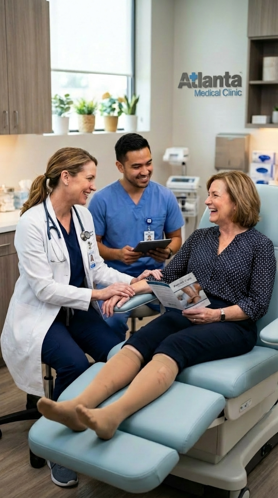 Doctor and nurse consulting warmly with patient at Stem Regen Medical