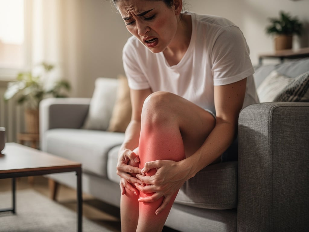 Person rubbing painful, achy legs from varicose vein discomfort