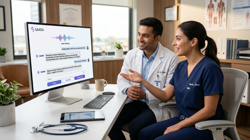 Dr. K. Patel and Sarah J., PA-C reviewing Saara's real-time analysis on screen