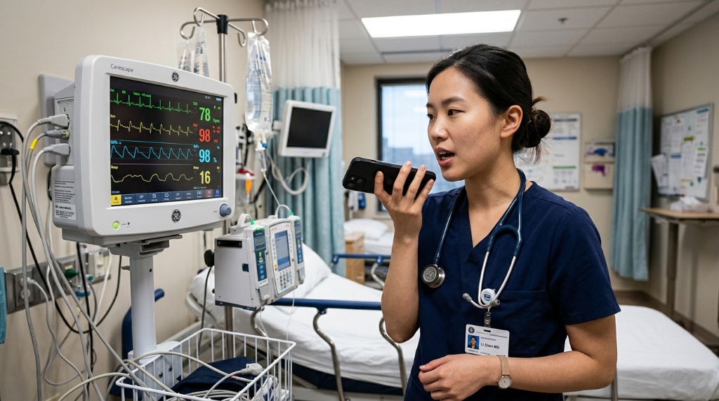 Dr. Li Chen speaking to Saara via voice in a patient room, reviewing real-time vitals